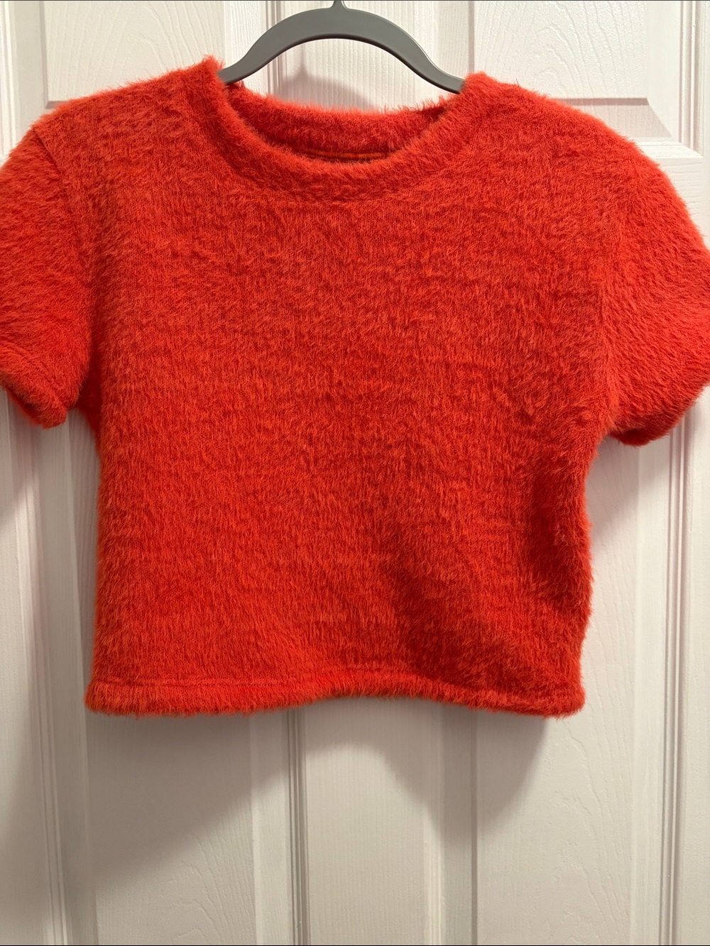 Anthropologie Fuzzy Cropped Crewneck Top - Red-Orange